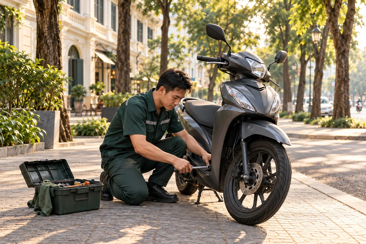 Hình minh họa thợ kiểm tra xe tay ga trên vỉa hè Sài Gòn